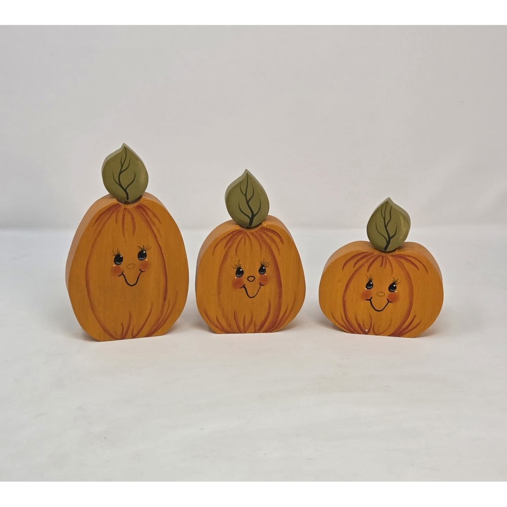Wood Pumpkin Family Set of 3 Hand Painted Retro Fall Halloween Decor 7-6-5in